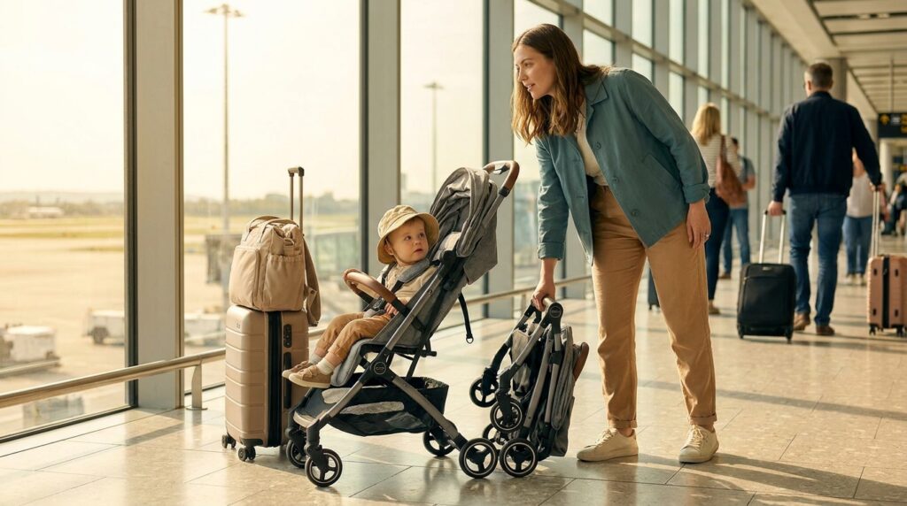 UK parent folding a lightweight compact travel stroller at an airport gate beside a cabin suitcase