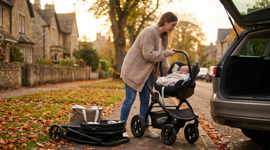 Parent clicking an infant car seat off a pushchair frame, showing a travel system vs stroller setup