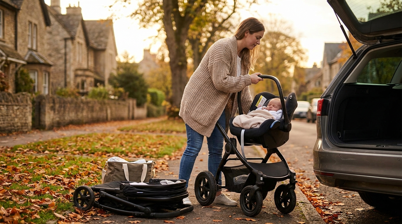 Parent clicking an infant car seat off a pushchair frame, showing a travel system vs stroller setup