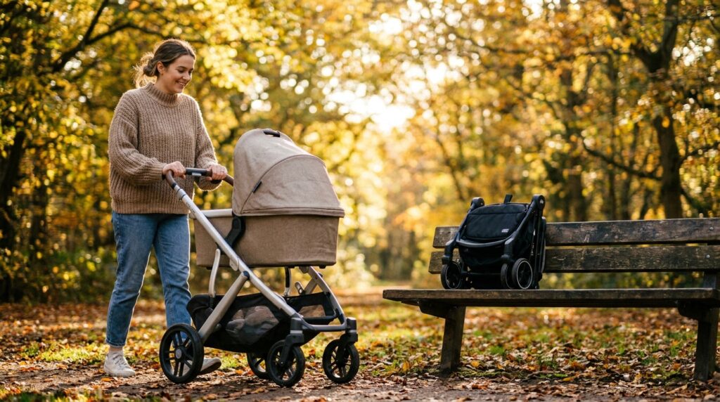 Parent comparing a full size vs lightweight stroller on a sunlit UK park path in autumn