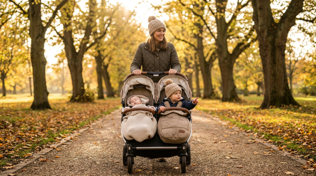 UK mother pushing one of the best double strollers with a newborn and toddler along a park path