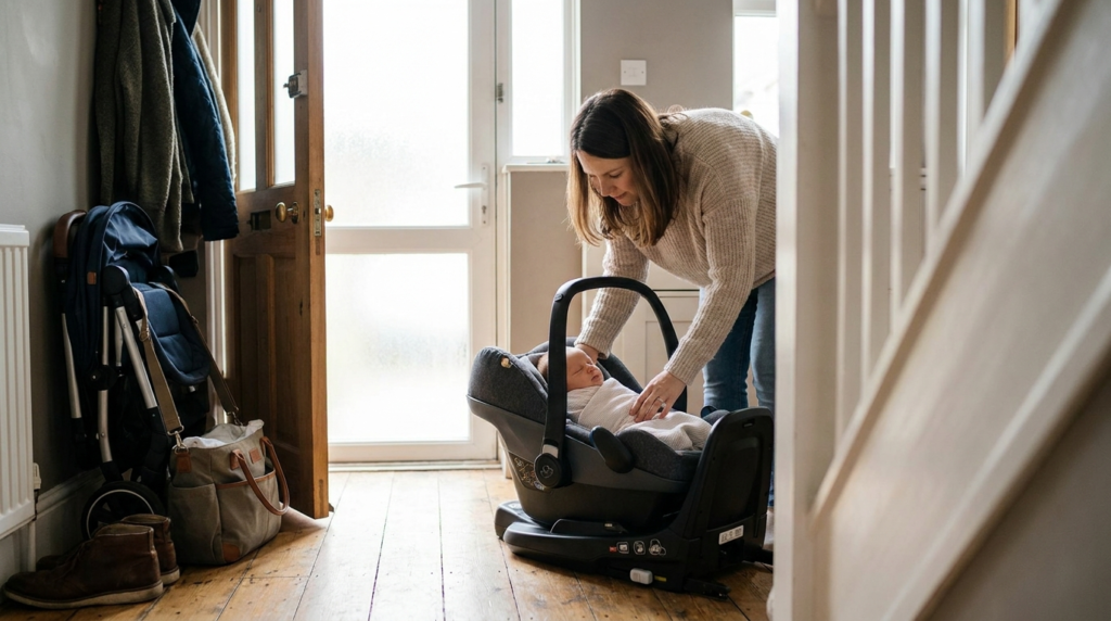 Parent placing a newborn into a rearward-facing seat, illustrating our infant car seat buying guide