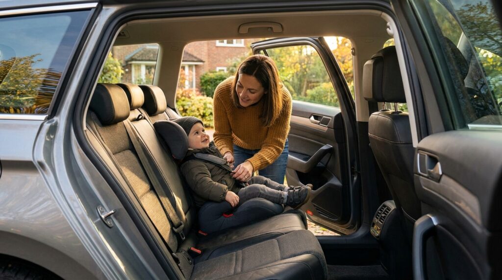 Parent securing a toddler into a modern convertible car seat, illustrating this UK convertible car seat guide