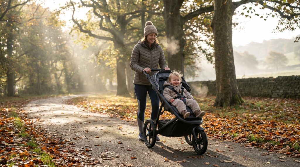 Parent following a jogging stroller guide while running with a securely harnessed toddler in a UK park