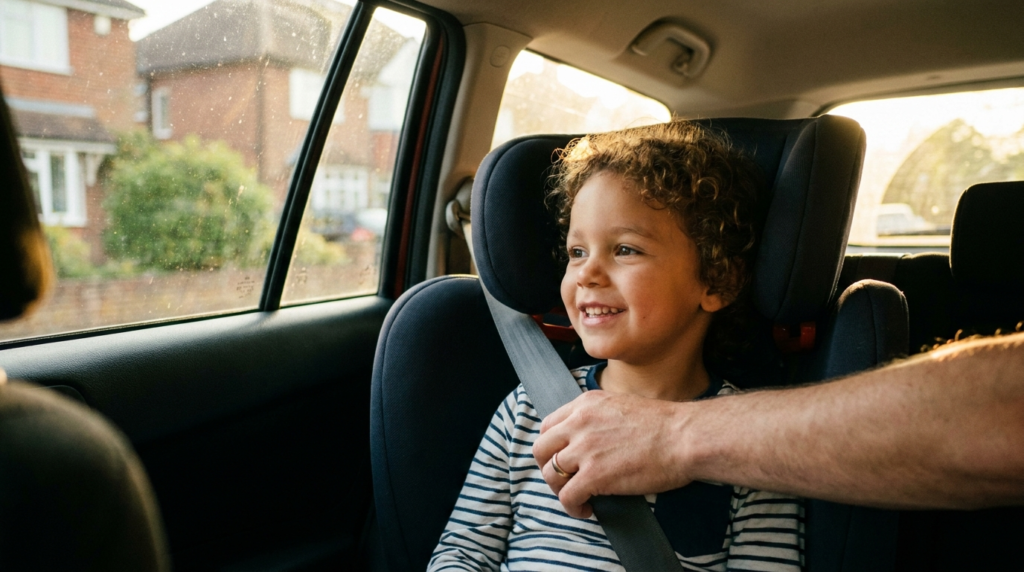 Parent buckling a child into a high-back booster seat, showing when does child need booster seat in a UK car