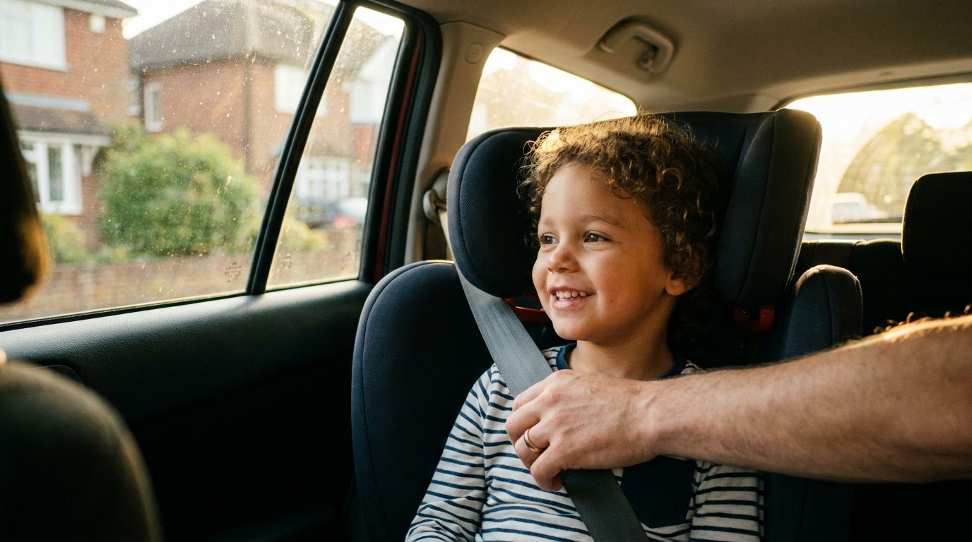 Parent buckling a child into a high-back booster seat, showing when does child need booster seat in a UK car
