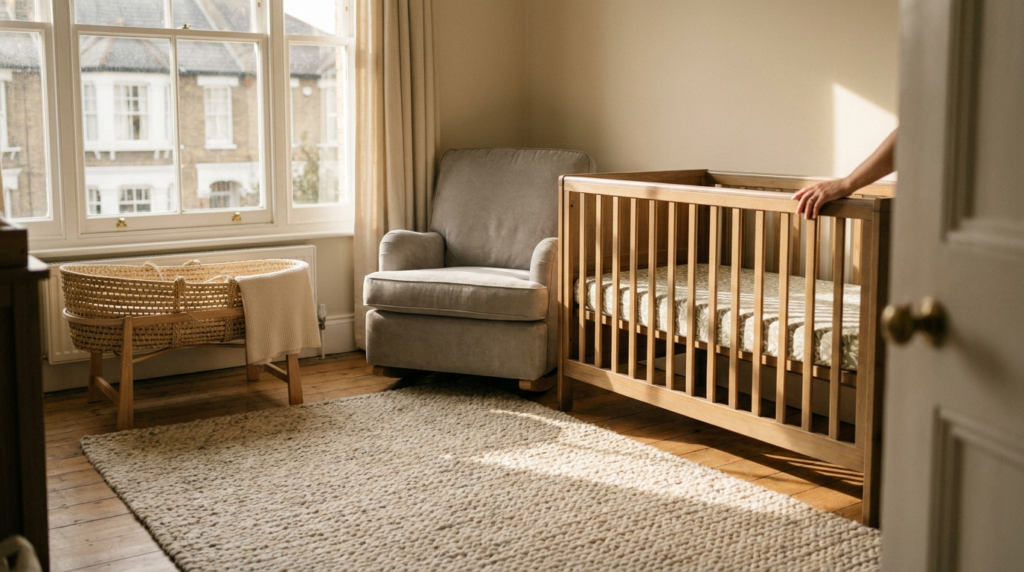 Crib vs bassinet comparison: a wooden convertible crib and a woven Moses basket in a sunlit UK nursery.