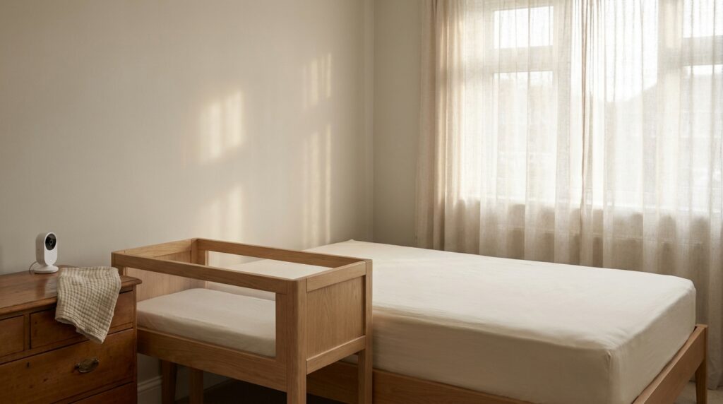 Safe sleep nursery setup with a wooden bedside bassinet, firm flat mattress and bare cot beside a bed