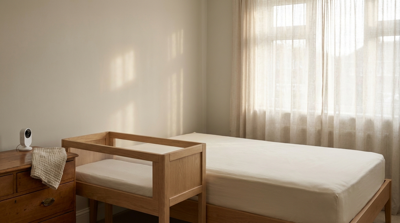 Safe sleep nursery setup with a wooden bedside bassinet, firm flat mattress and bare cot beside a bed