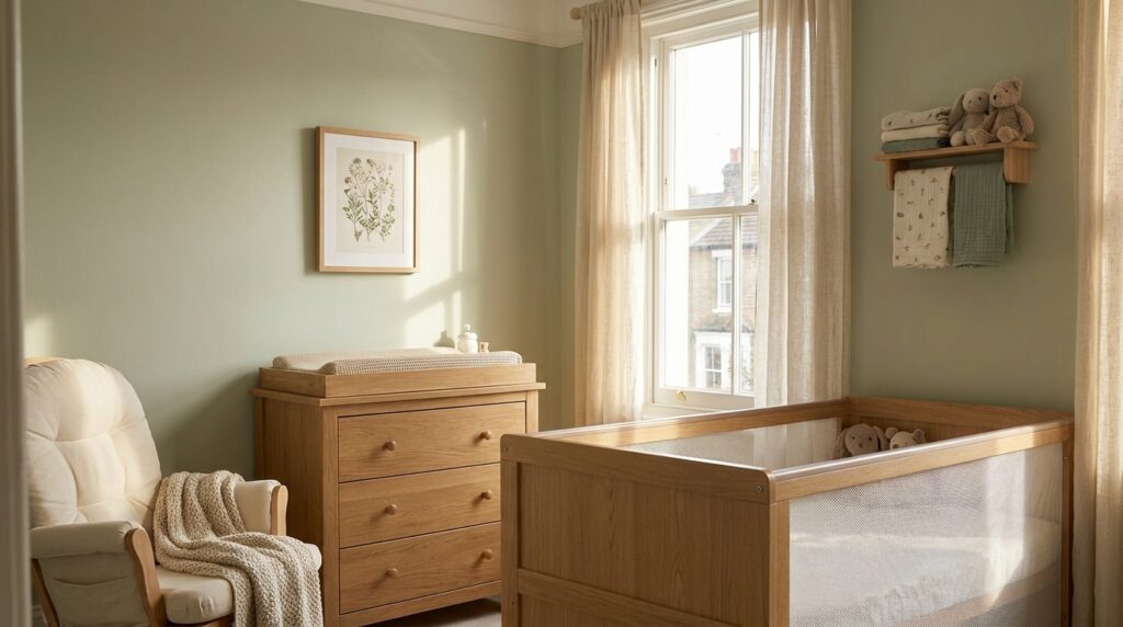 A calm UK nursery laid out from a nursery furniture checklist with cot, glider chair and oak dresser