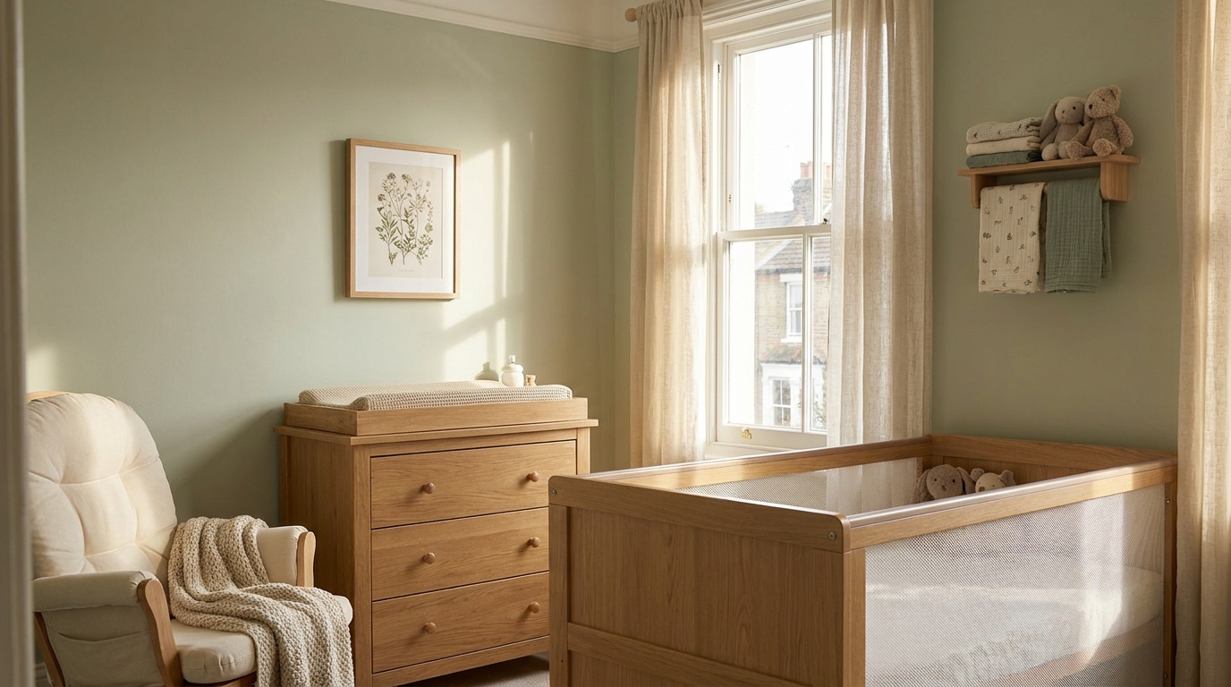 A calm UK nursery laid out from a nursery furniture checklist with cot, glider chair and oak dresser