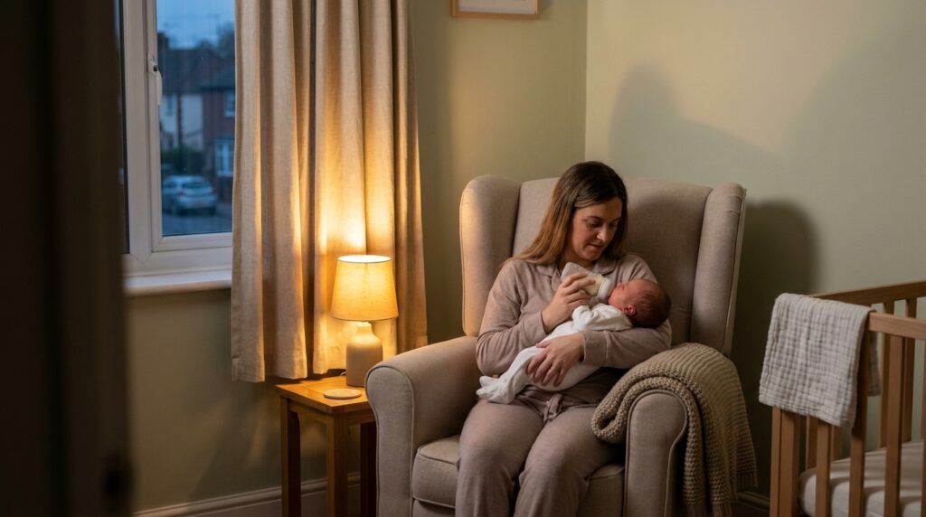 Parent in the best nursery glider cradling a newborn for a night feed beside a crib in a softly lit UK nursery