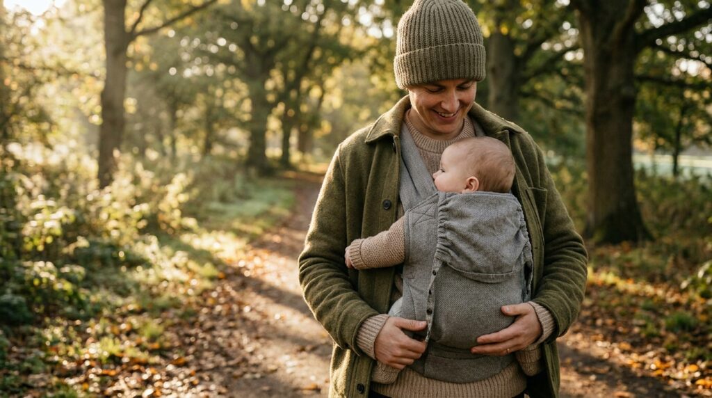 Baby carriers explained: a parent carrying a baby chest-facing in a structured carrier on a UK park walk