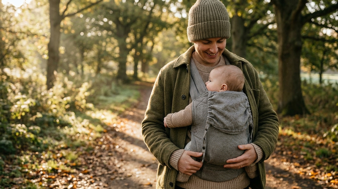 Baby carriers explained: a parent carrying a baby chest-facing in a structured carrier on a UK park walk