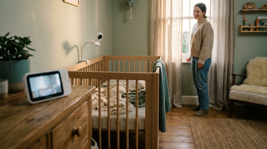 Calm UK nursery with a video baby monitor on the cot, illustrating the best baby monitors UK guide