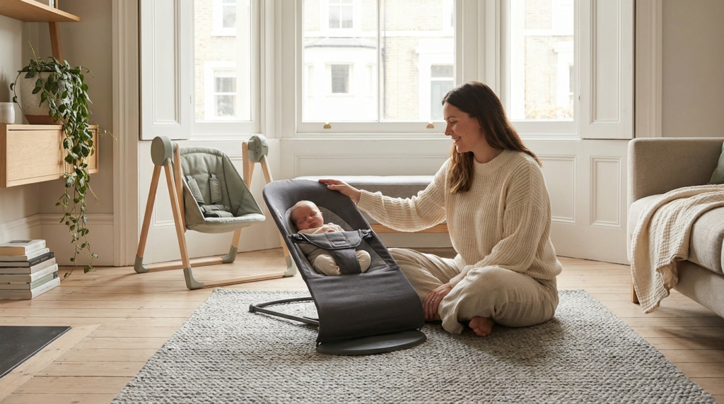 Parent soothing a newborn beside a baby bouncer and baby swing in a bright UK living room, baby bouncer vs swing