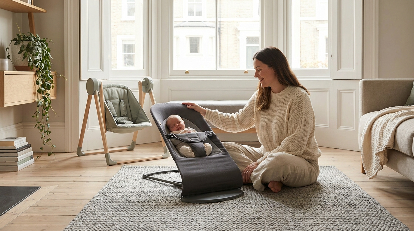 Parent soothing a newborn beside a baby bouncer and baby swing in a bright UK living room, baby bouncer vs swing