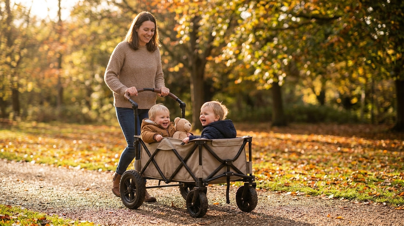 Parent pushing a four-wheeled stroller wagon with two toddlers inside on a sunny UK park path, illustrating our stroller wagon guide