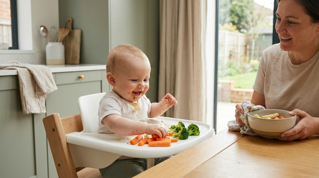 Baby self-feeding finger foods in a high chair, showing the best high chair for baby led weaning in a bright UK kitchen