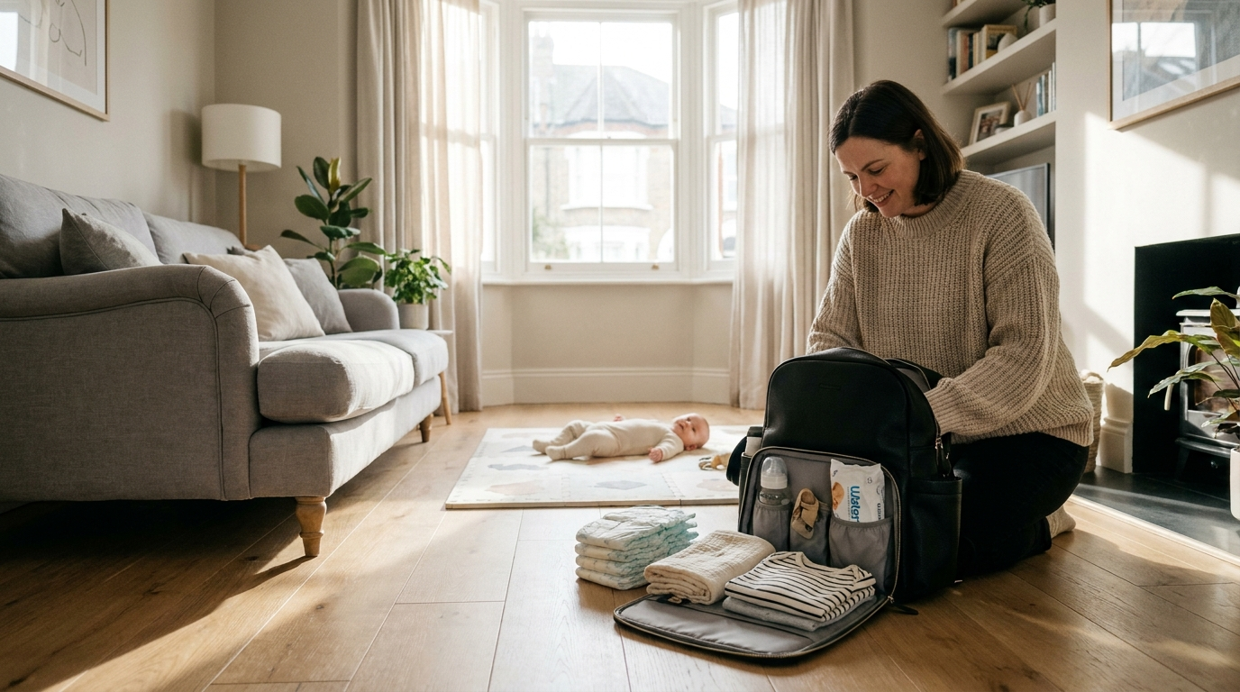A diaper bag checklist laid out on a sunlit floor: nappies, wipes, muslin and spare clothes beside an open changing bag.