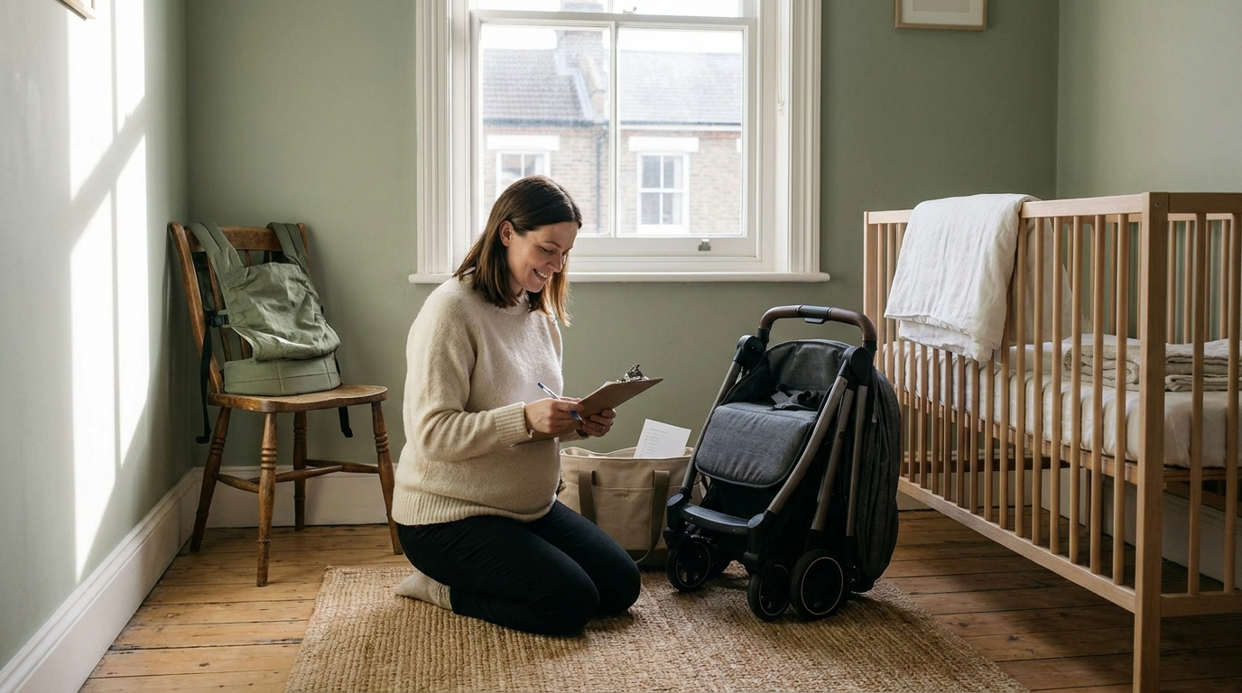 Expectant UK parent organising nursery items while working through a baby registry checklist UK essentials list
